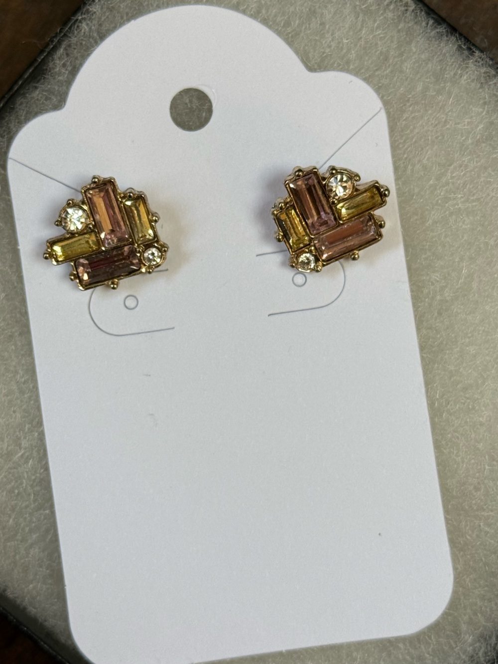 Vintage Gold-Tone Pink & Yellow Crystal Cluster Earrings